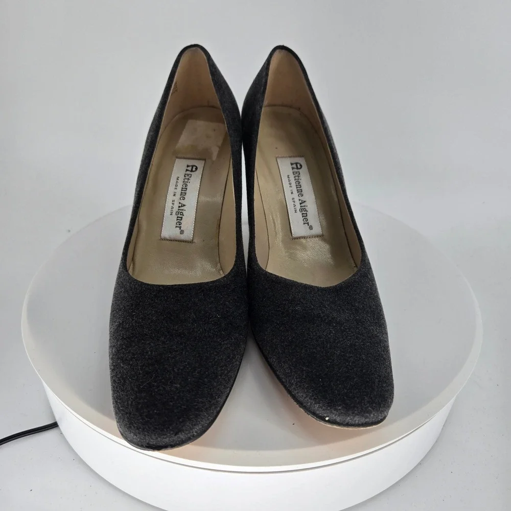 Etienne Aigner Dreamer‎ Gray Fabric Pumps Block Heel Spain Mens Size 8 M